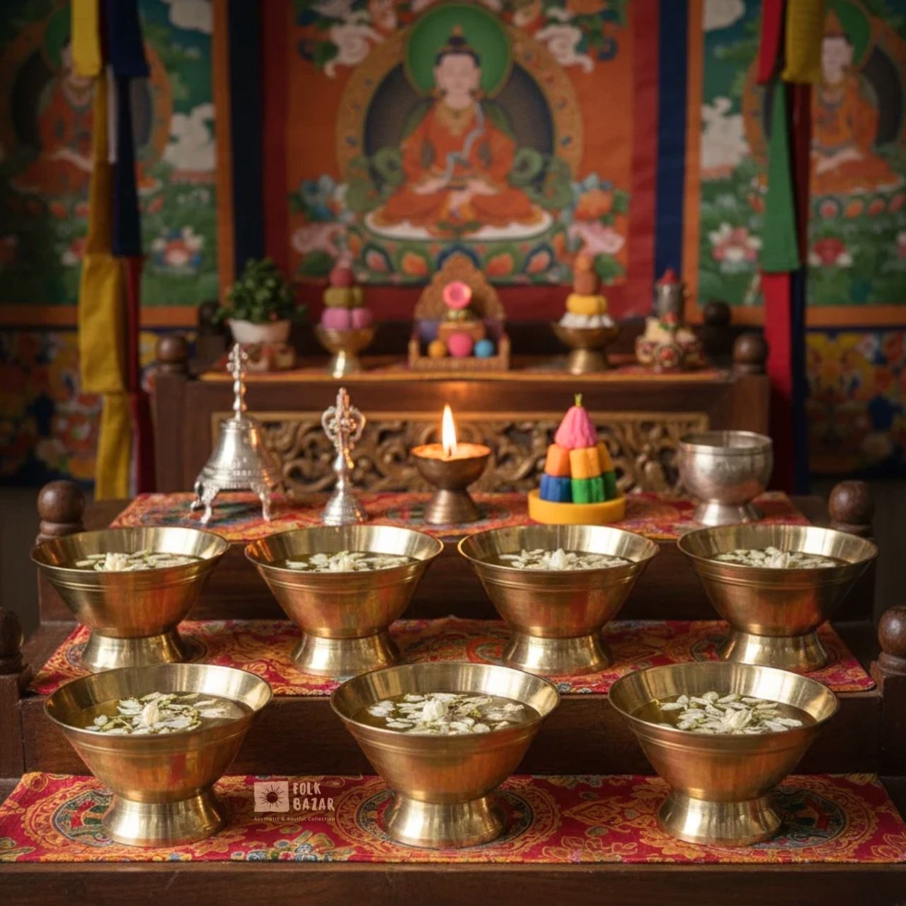 Brass Ting (Offering bowl) with Base (Set of 7)